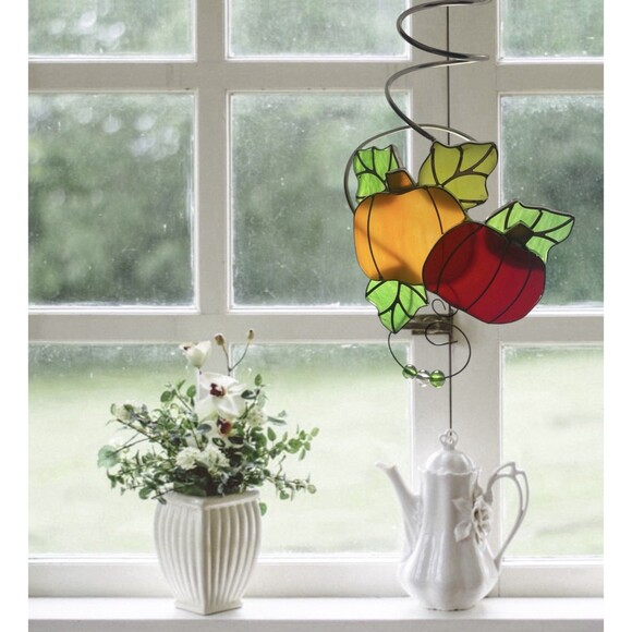 Autumn Pumpkins Stained Glass Sun Catcher Fall Ornament Set x2 Wine Bottle Charm - Picture 3 of 8
